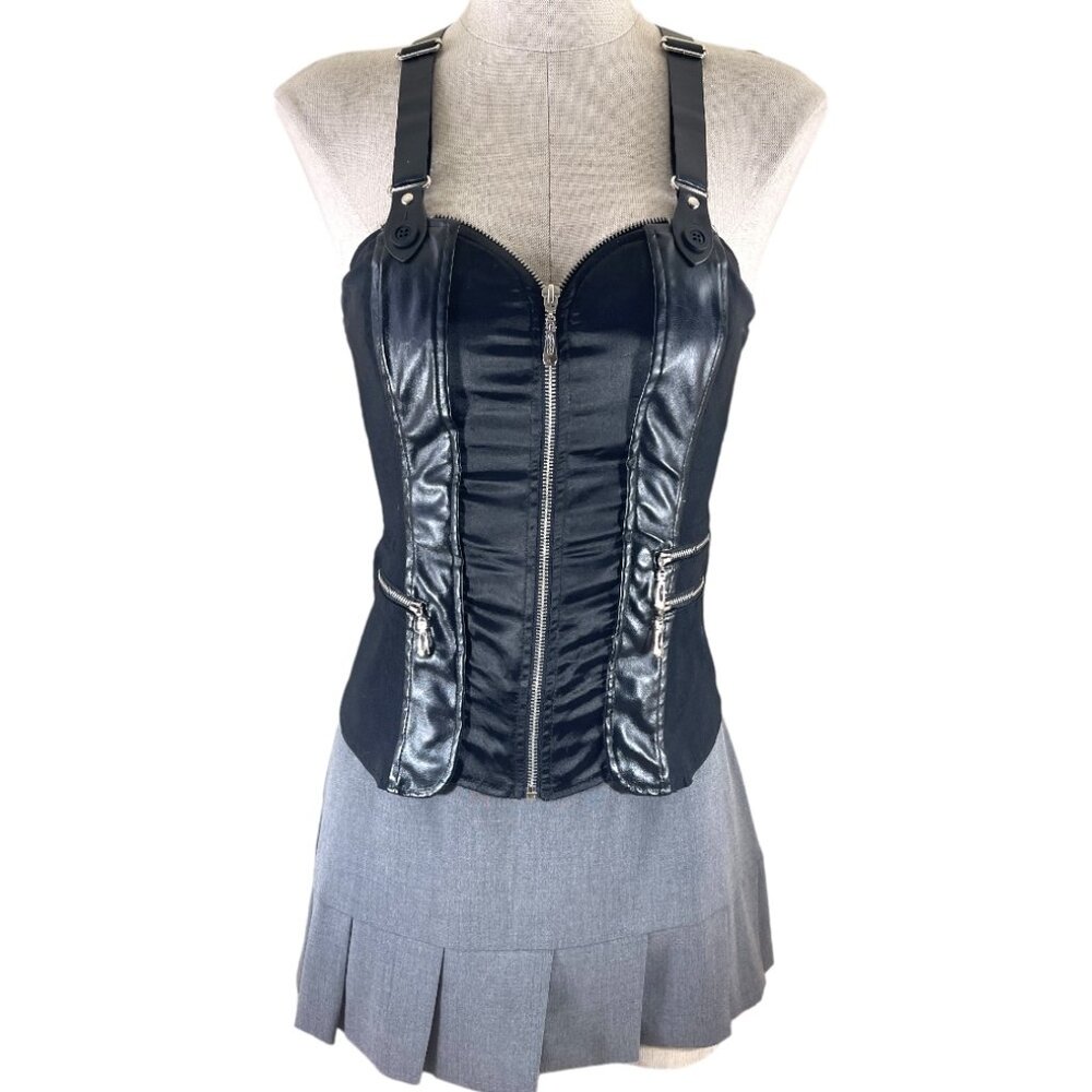 Oh Yes Suspender Back Zip Up Front Black Bustier Corset Top 3 zip pockets Size M